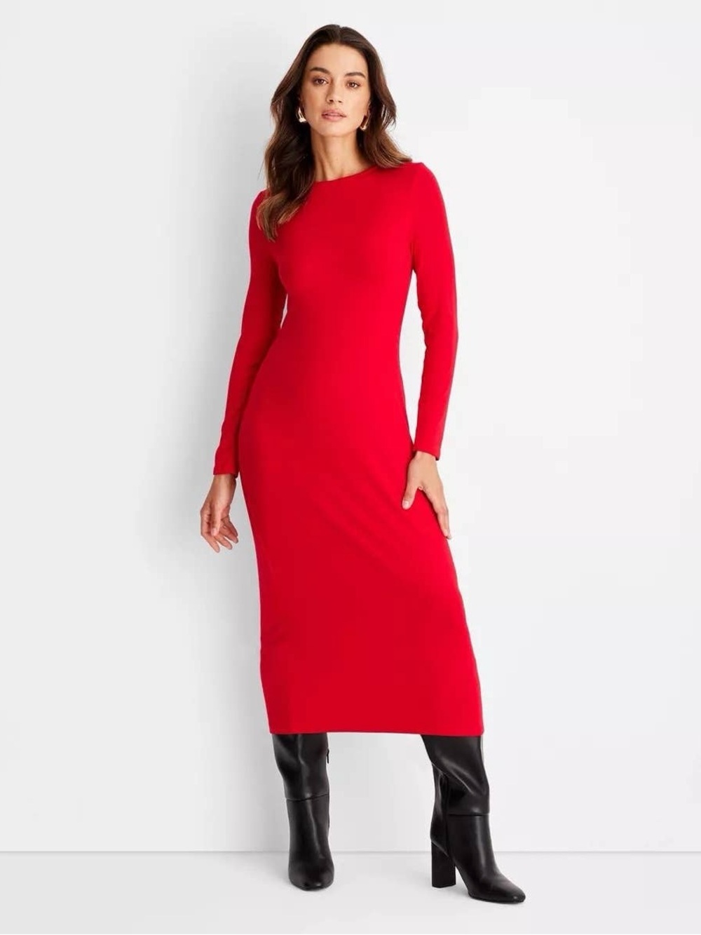 A New Day Red Long-Sleeve Ribbed Midi Dress